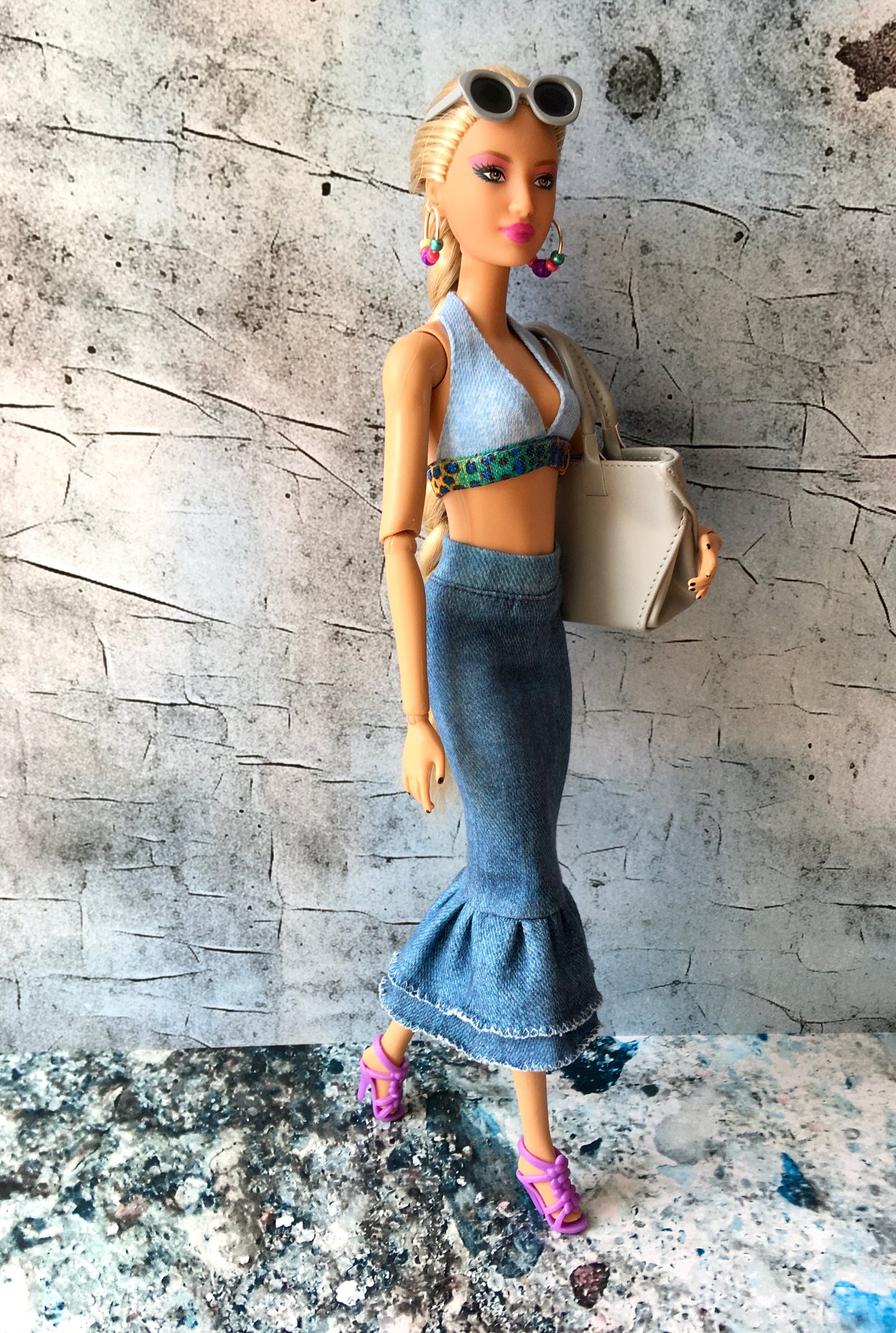 Rainbow Big Ring Beaded Silver Earrings for Dolls 1/6-scale, 12"