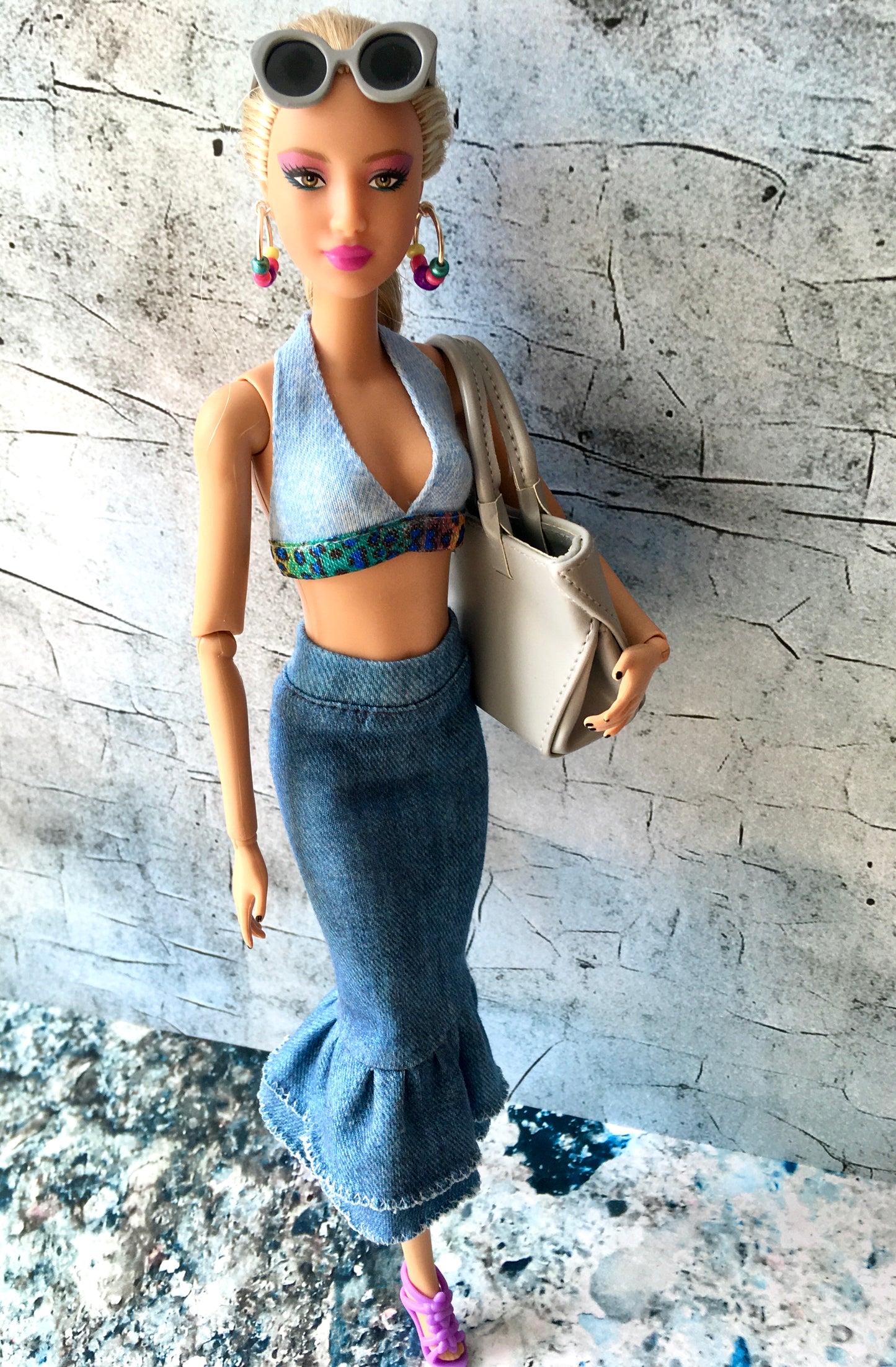 Rainbow Big Ring Beaded Silver Earrings for Dolls 1/6-scale, 12"