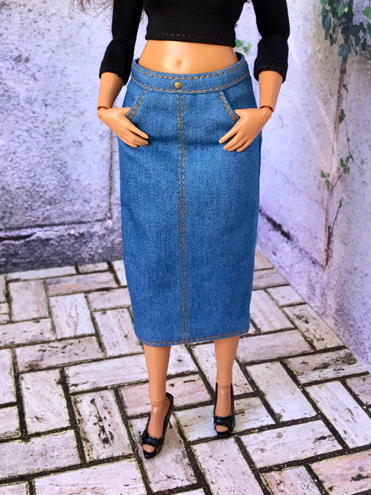 BQ-ALVI – Thin Denim Midi Skirt for 11" 1/6 Scale Curvy Fashion Dolls – 3 Colors