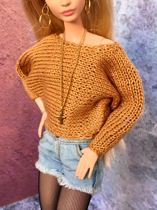 BQ-BREEZE – Soft Ochre Knit Batwing Sleeve Sweater for 11.5" 1/6 Scale Fashion Dolls