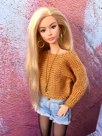 BQ-BREEZE – Soft Ochre Knit Batwing Sleeve Sweater for 11.5" 1/6 Scale Fashion Dolls