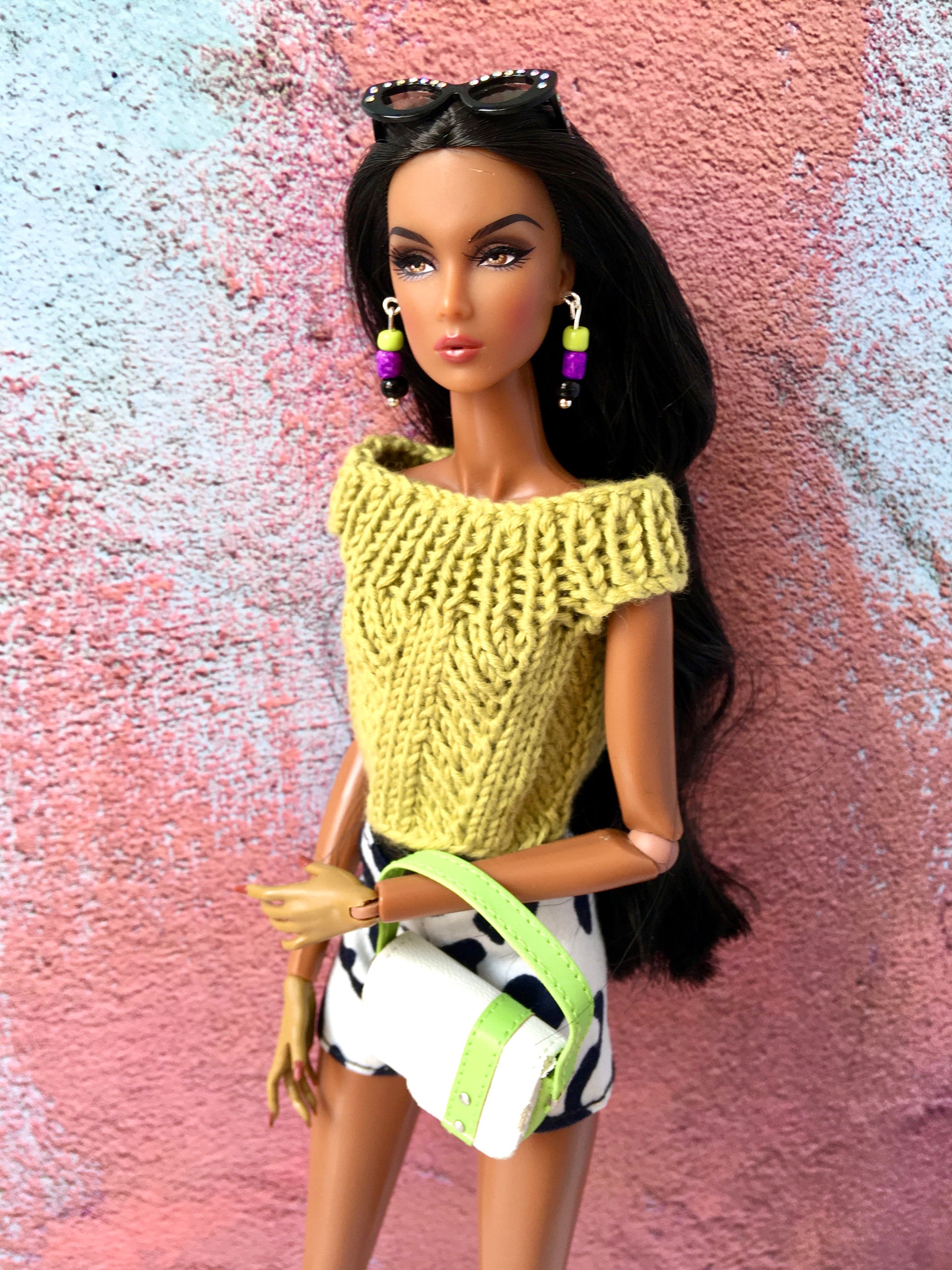 BQ‑E19 – Black, Lime & Purple Drop Earrings for 12" Fashion Dolls - www.bouutique.com