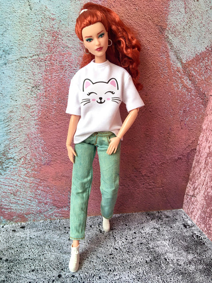 BQ-KITSA – Cat Print Oversized T-Shirt for 11.5" 1/6 Scale Dolls