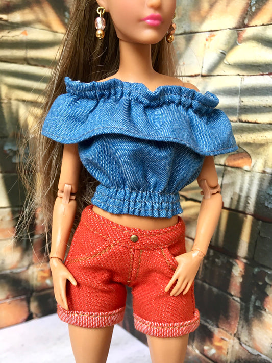 BQ‑LEA – Denim Off-Shoulder Ruffle Top for 11.5" 1/6 Scale Fashion Dolls - www.bouutique.com