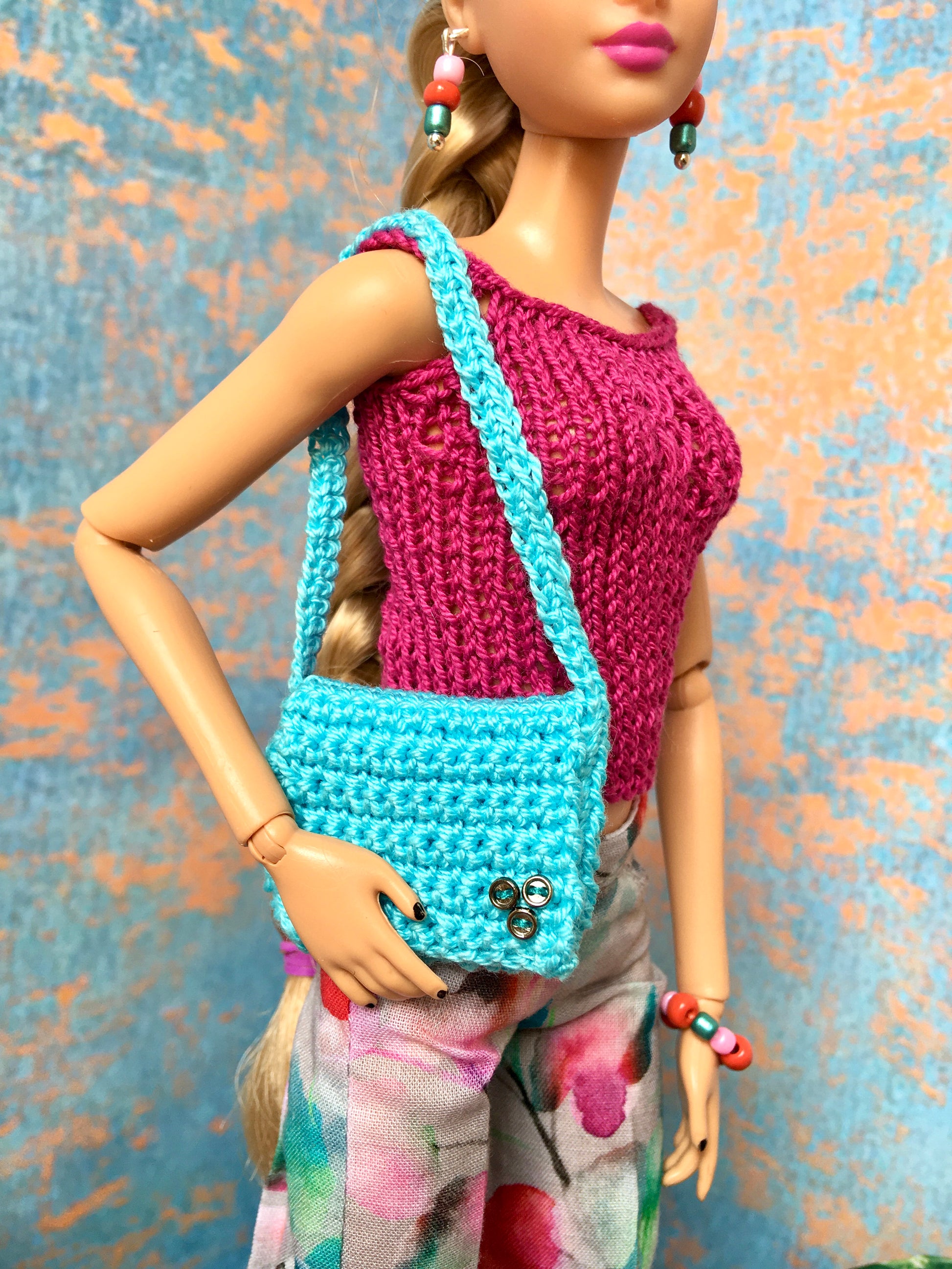 BQ-LENA – Turquoise Crochet Crossbody Bag for 11.5" 1/6 Scale Fashion Dolls