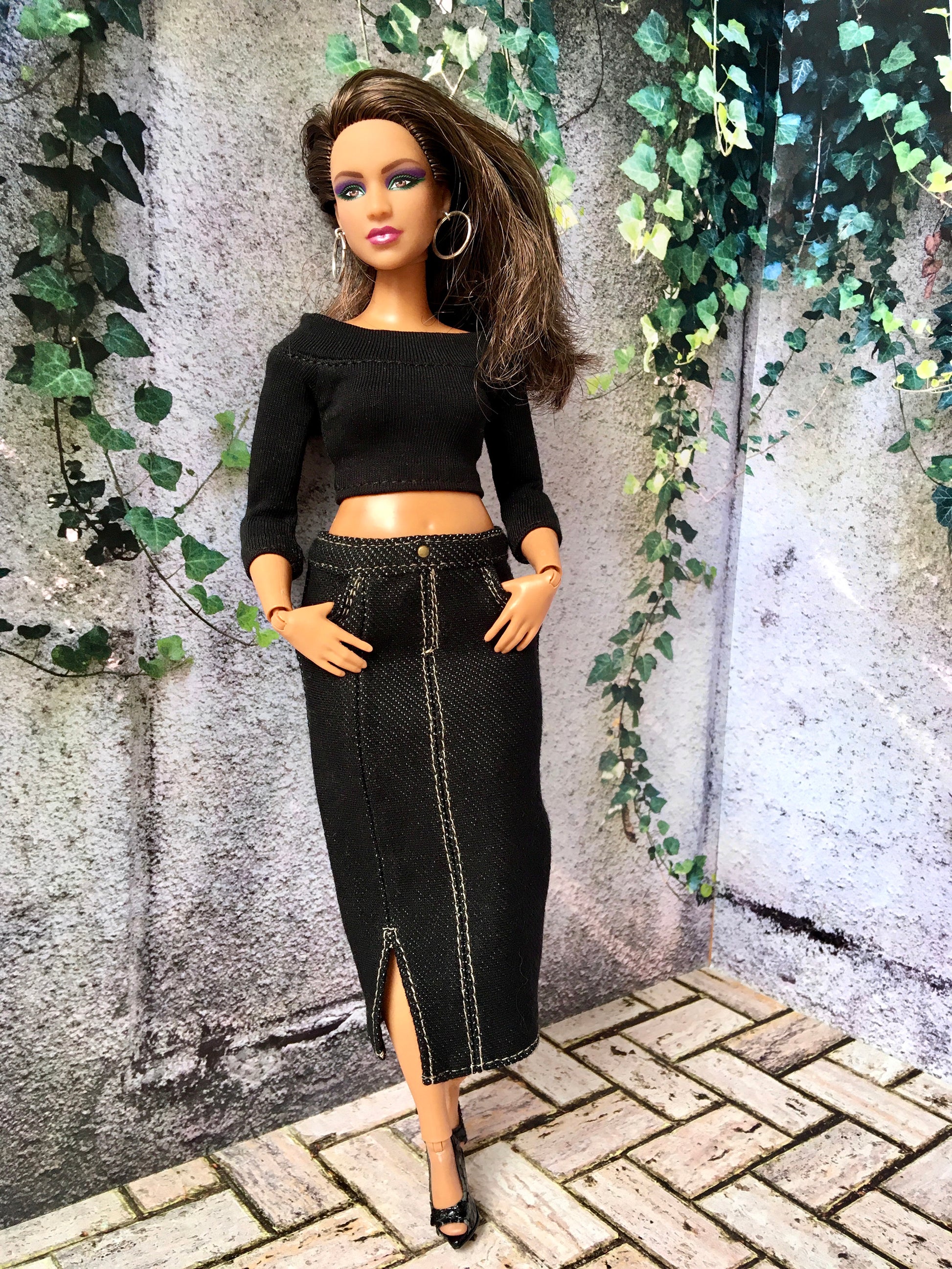 BQ-VANTI – Denim Stretch Midi Skirt for 11" Curvy Fashion Dolls - www.bouutique.com