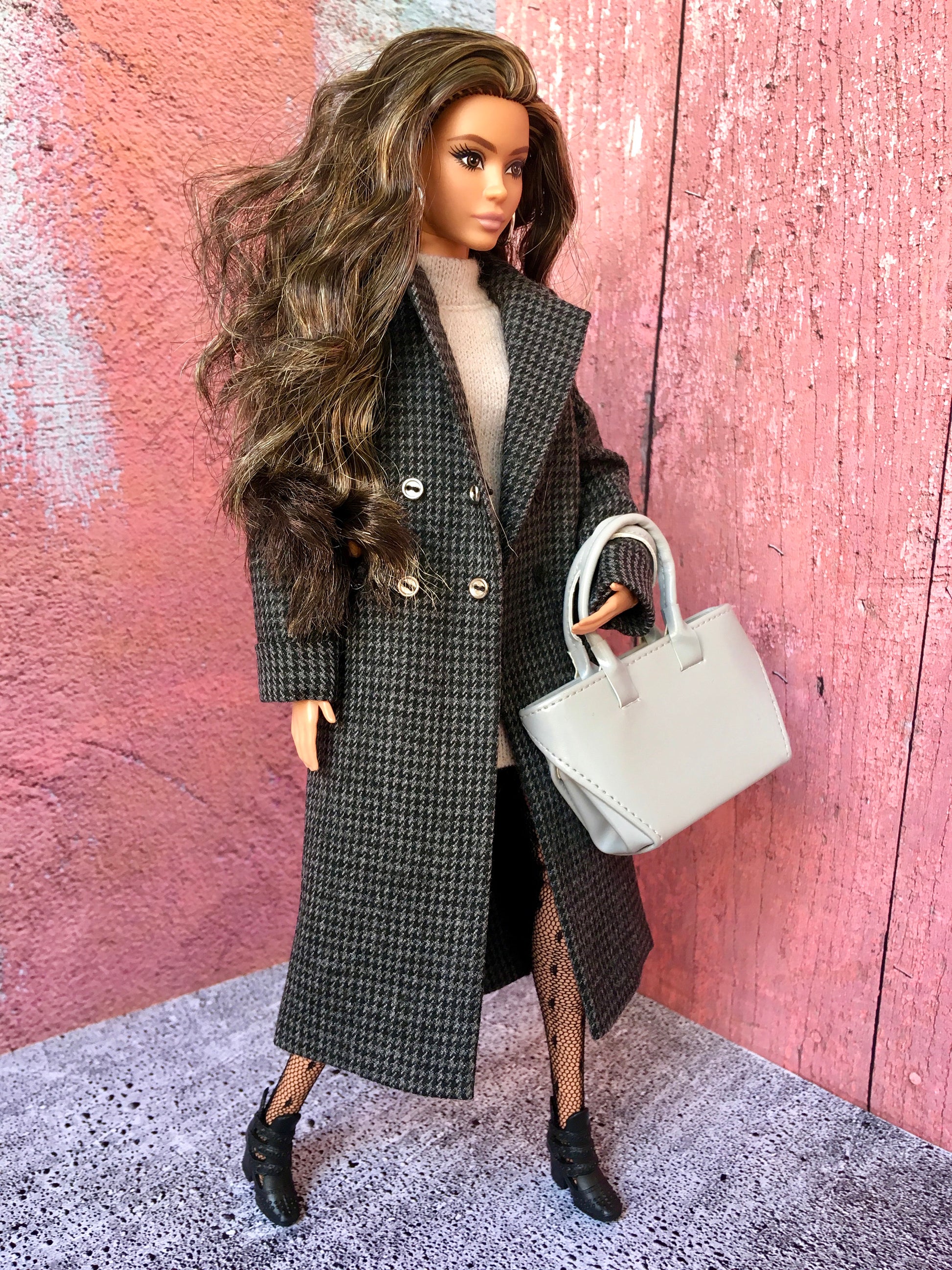 BQ-VELIOR – Grey Houndstooth Long Coat for 11.5" 1/6 Scale Fashion Dolls - www.bouutique.com