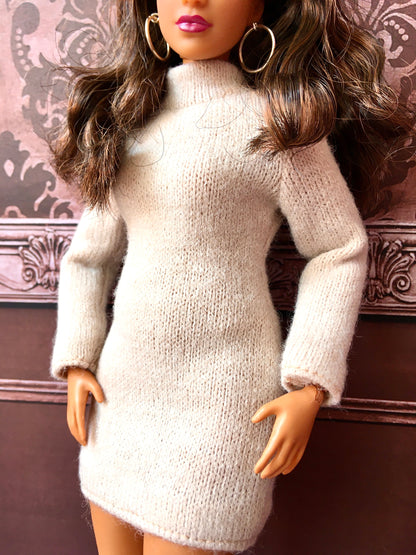 BQ-COZY – Cream Knit Turtleneck Dress for 11" Curvy Fashion Dolls - www.bouutique.com