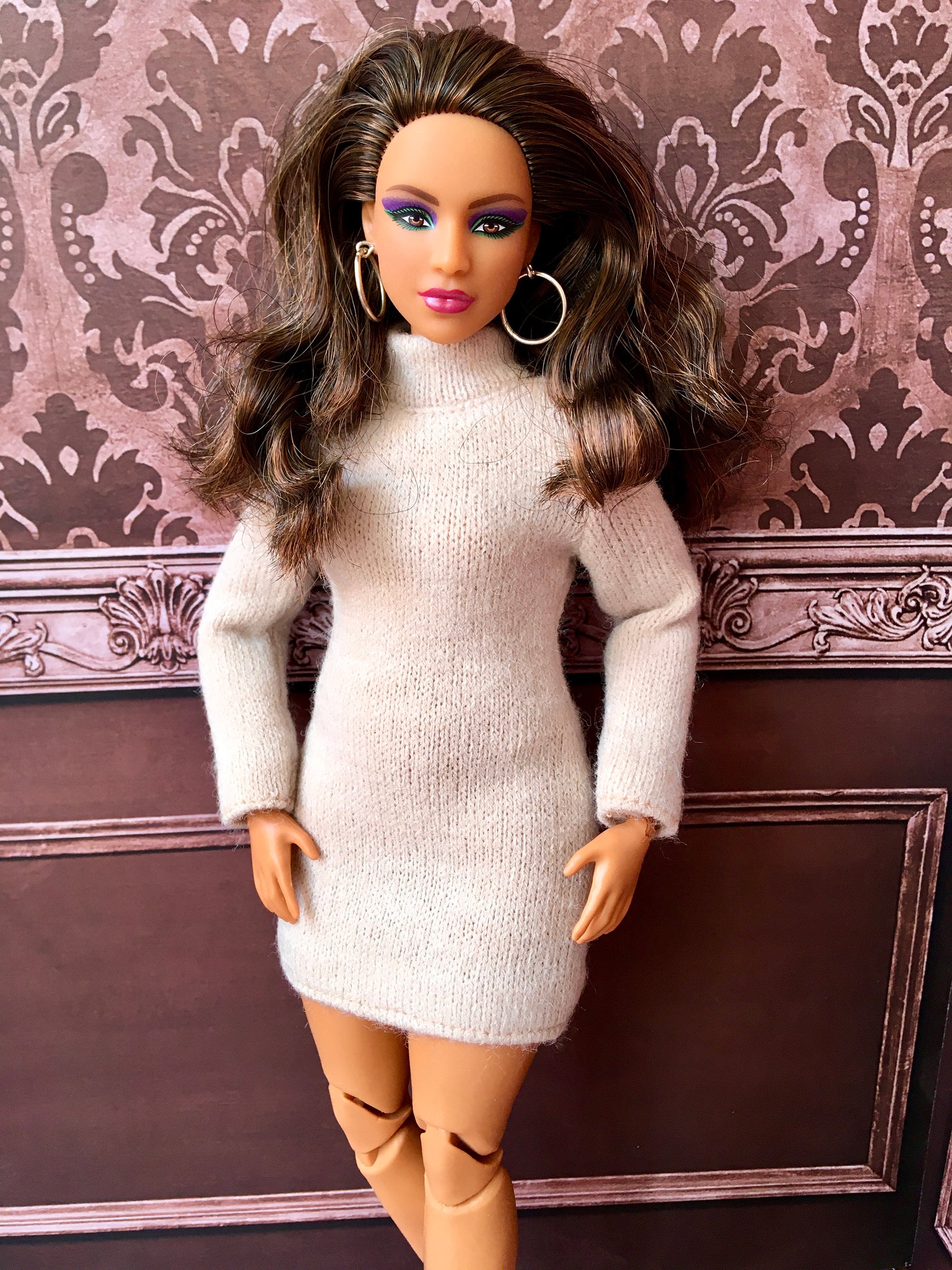 BQ-COZY – Cream Knit Turtleneck Dress for 11" Curvy Fashion Dolls - www.bouutique.com