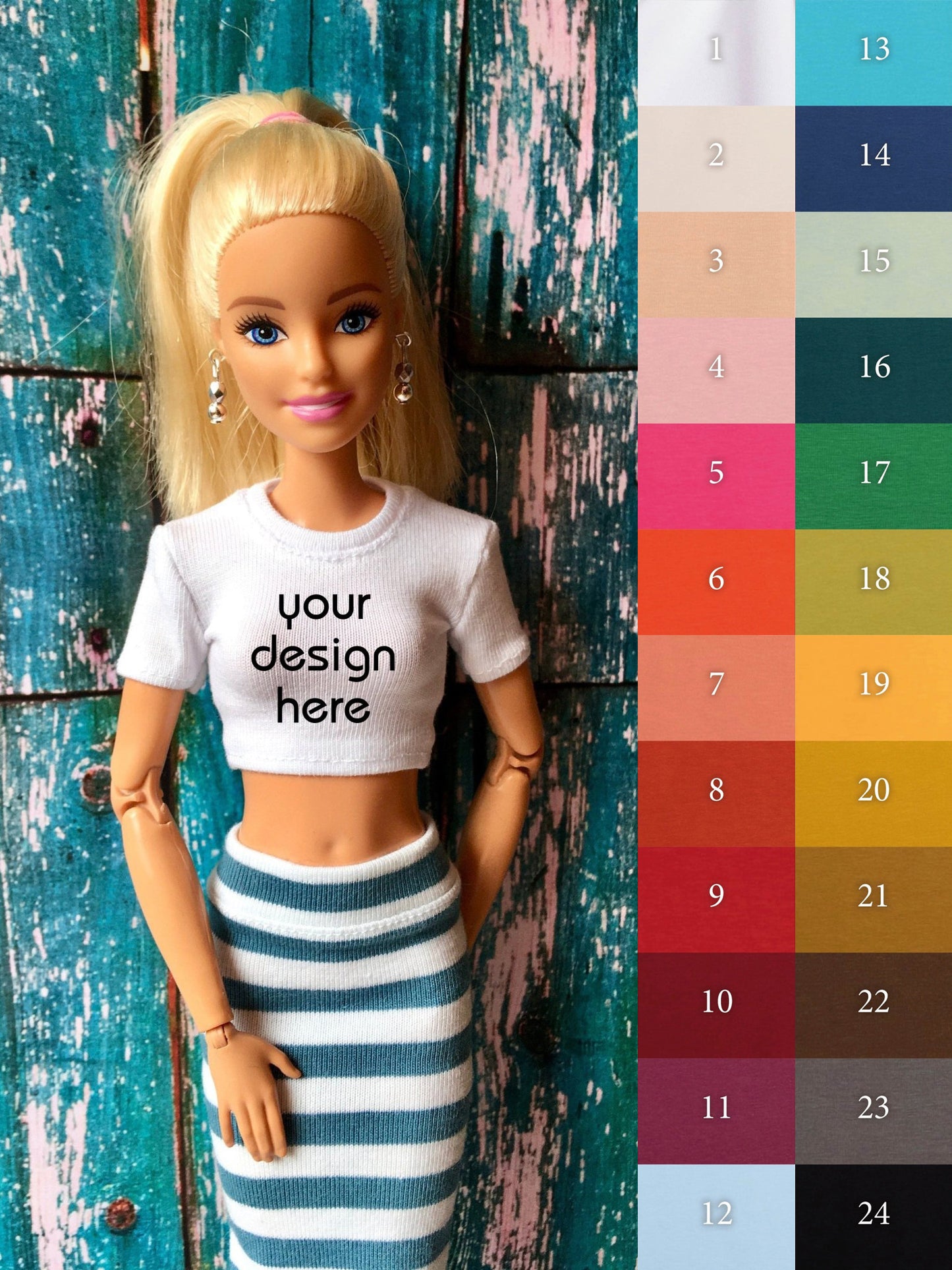 Staple Custom Print Crop T-shirt for Dolls 1/6-scale, 11.5 Inch, many colors