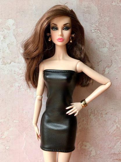 Coal Faux Leather Tube Bandeau Dress for Poppy Parker Doll