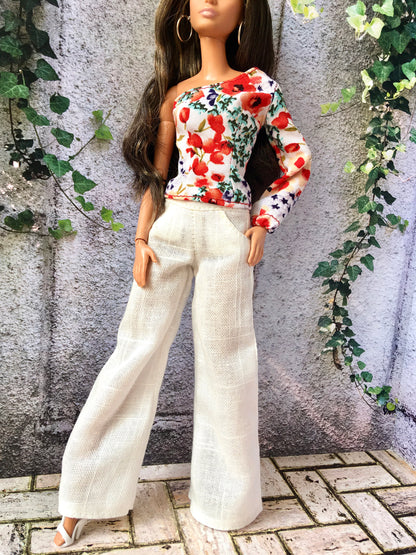 One Sleeve Flower Print Blouse for 11.5" 1/6 Scale Fashion Dolls