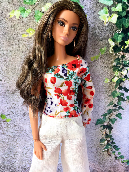One Sleeve Flower Print Blouse for 11.5" 1/6 Scale Fashion Dolls