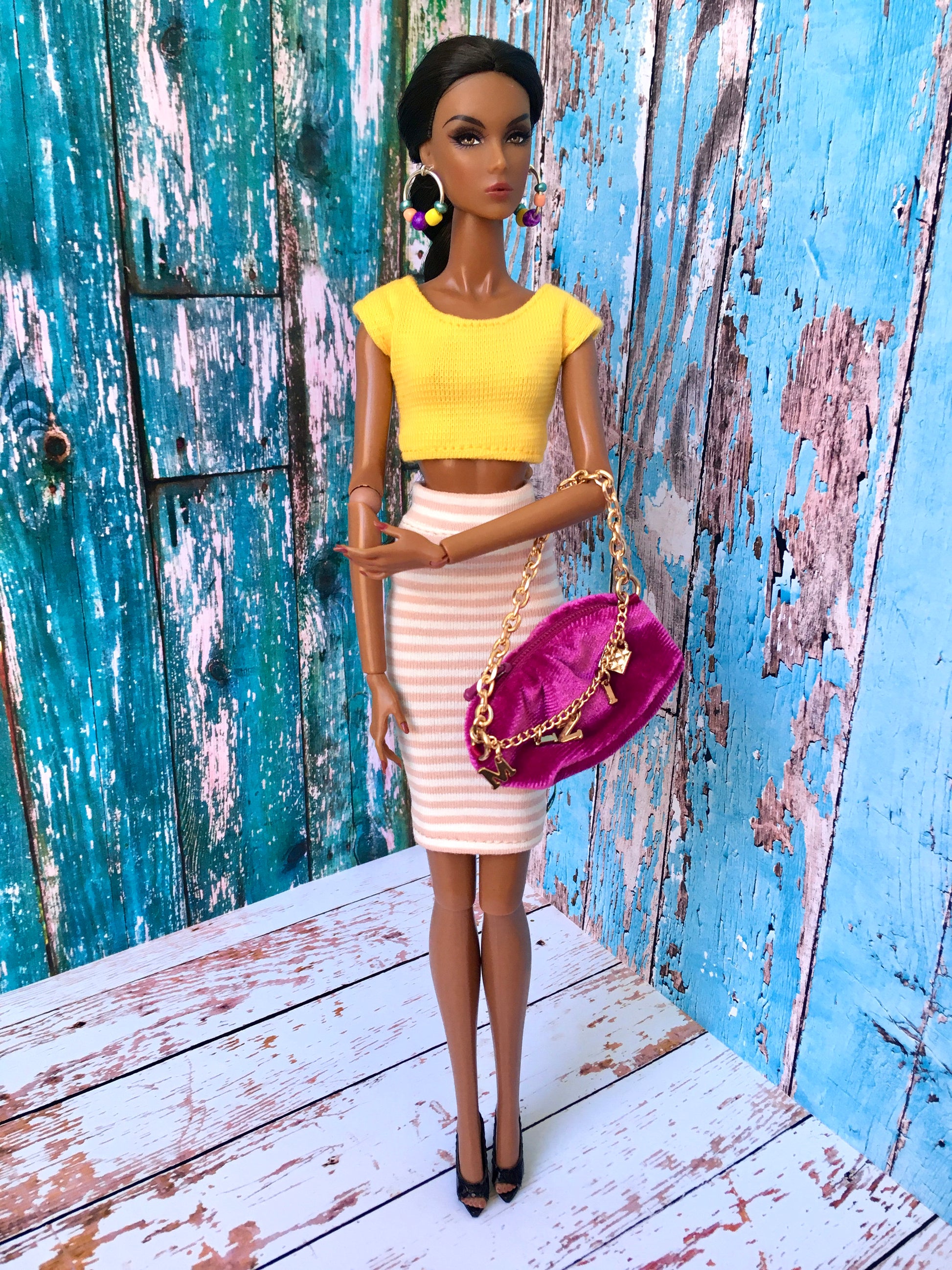 BQ-SANDY – Beige & White Striped Tube Midi Skirt for Fashion Dolls (12.5") - www.bouutique.com