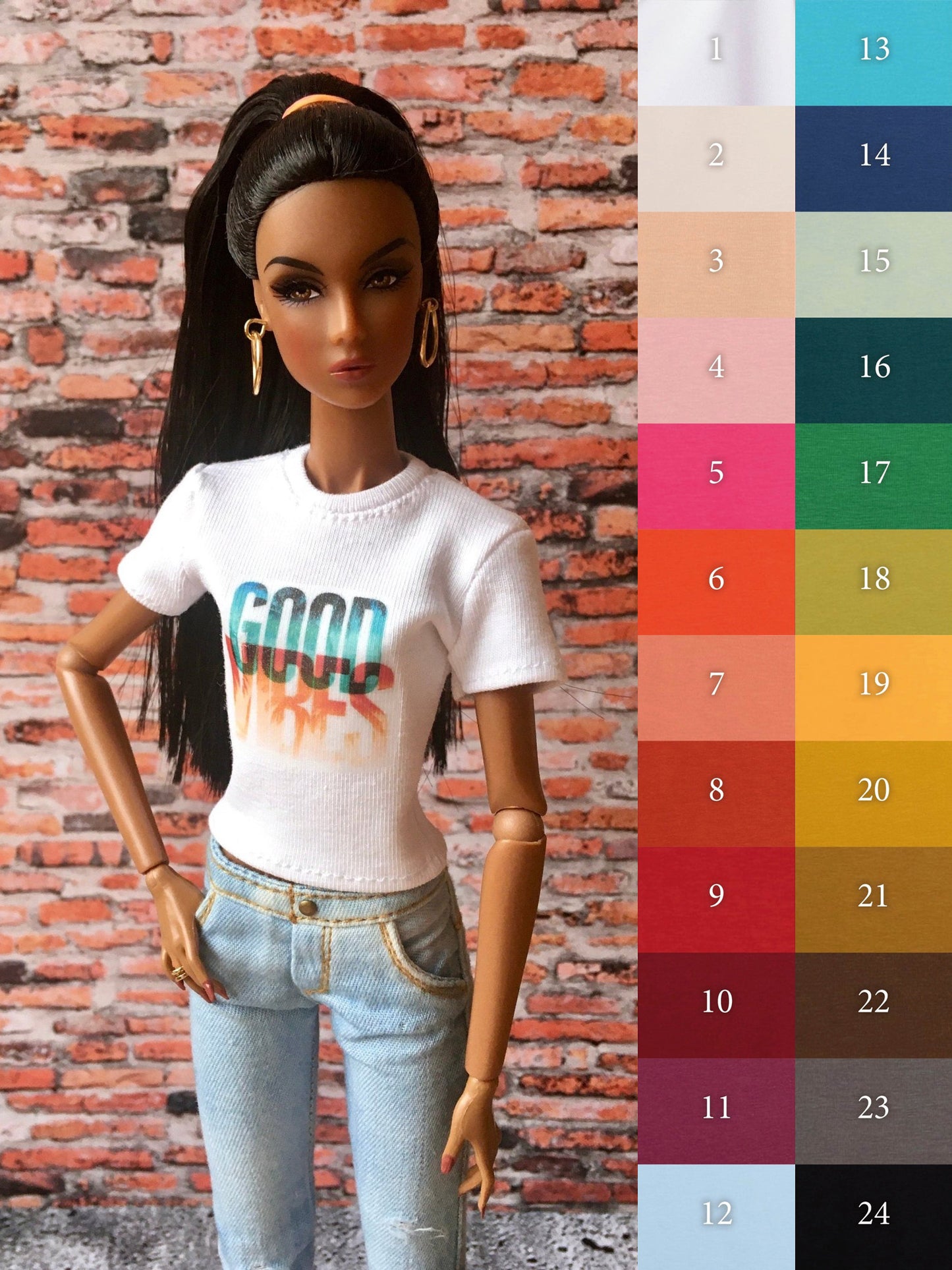 Vital Print T-shirt "good vibes" Design for NuFace Integrity Toys Doll 12.5"