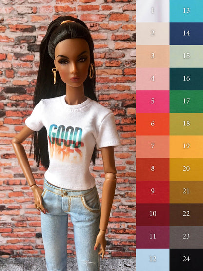 Vital Print T-shirt "good vibes" Design for NuFace Integrity Toys Doll 12.5"