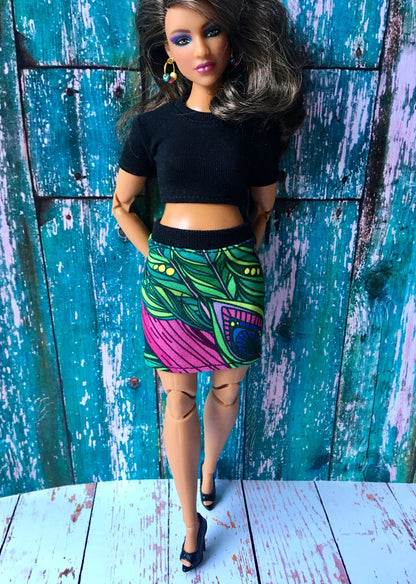 Foliage Colorful Print Skirt for Curvy Dolls 1/6-scale