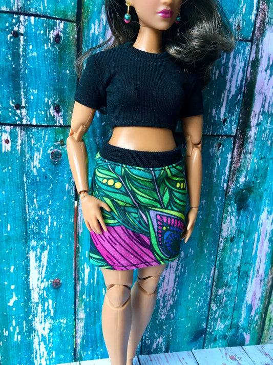 Foliage Colorful Print Skirt for Curvy Dolls 1/6-scale