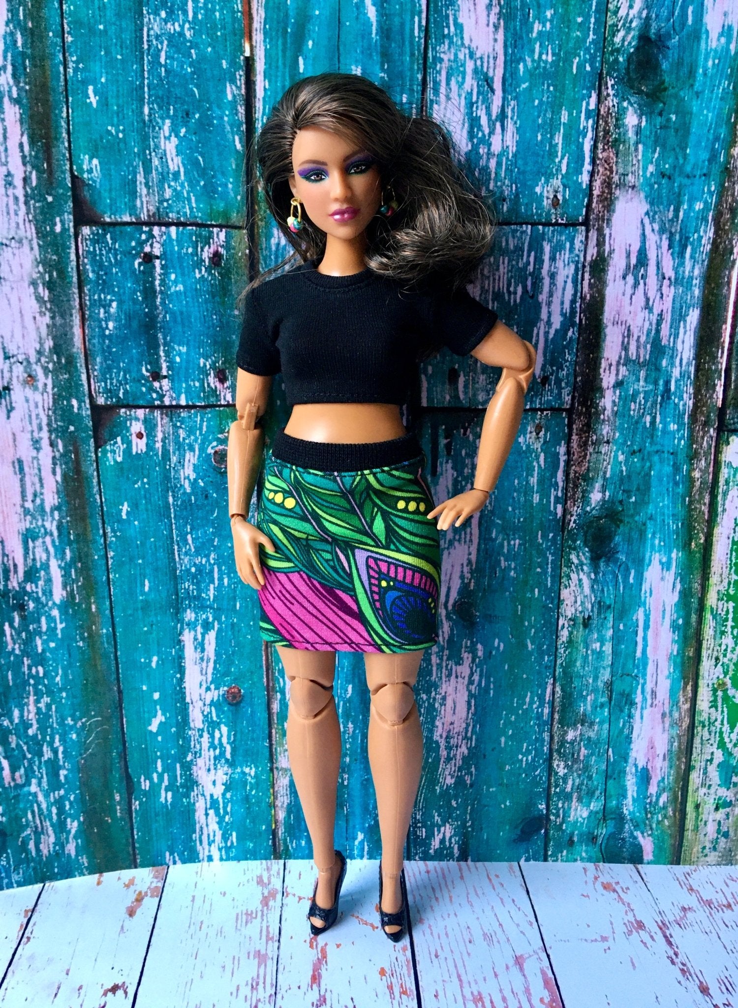 Foliage Colorful Print Skirt for Curvy Dolls 1/6-scale