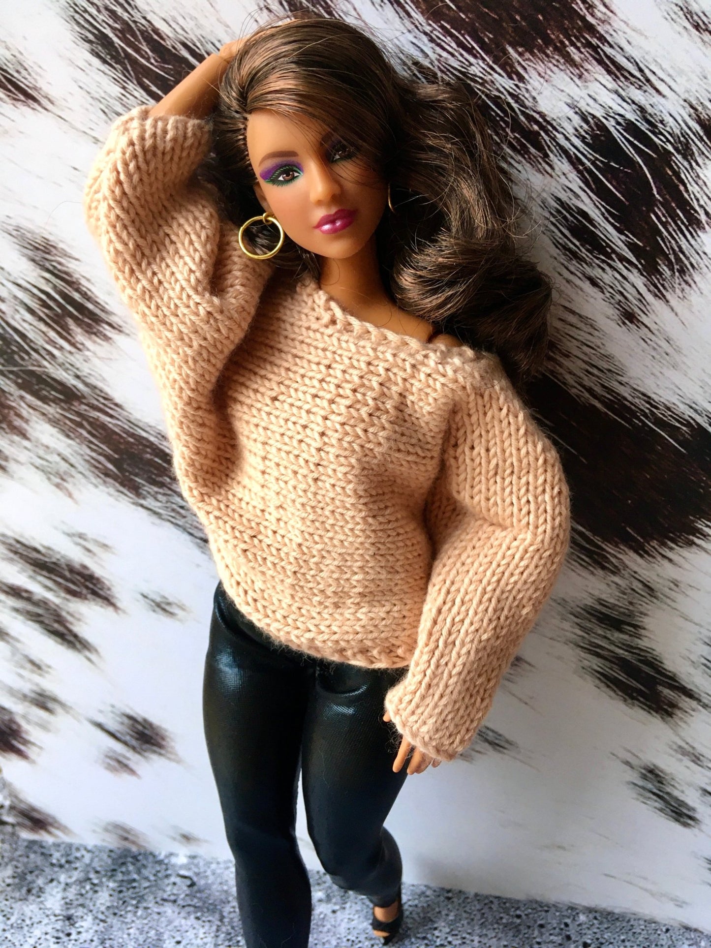 Knit Bat Sleeve Sweater for Curvy Doll 1/6-scale | Knitted Doll Clothes - in 3 colors