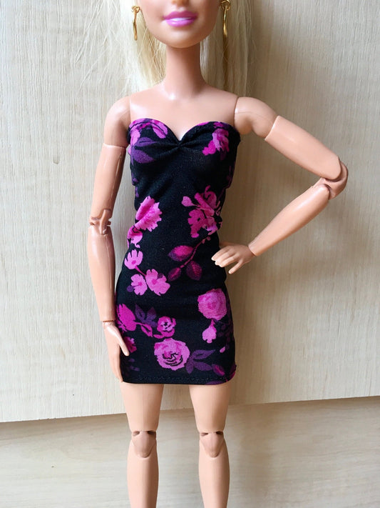 Floral Black Strapless Tube Dress for Doll 1/6-scale, 11.5 Inch