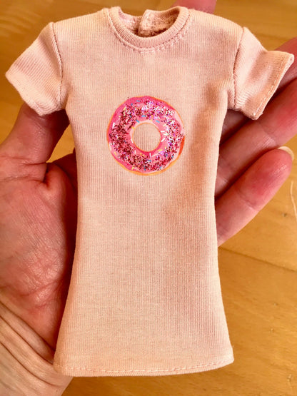 Blush Donut Print T-shirt Dress for Doll 1/6-scale, 11.5 Inch