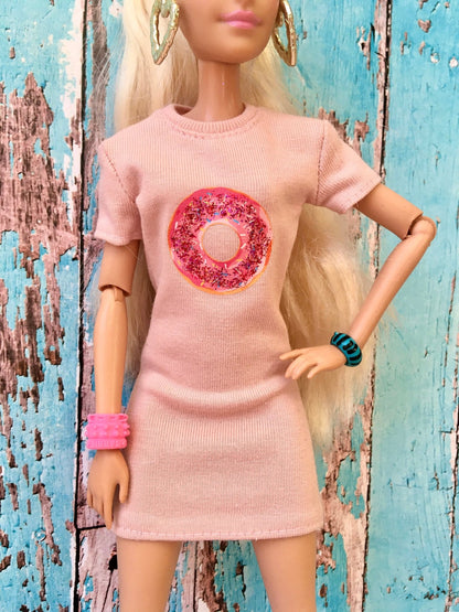 Blush Donut Print T-shirt Dress for Doll 1/6-scale, 11.5 Inch