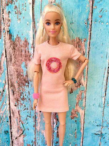 Blush Donut Print T-shirt Dress for Doll 1/6-scale, 11.5 Inch