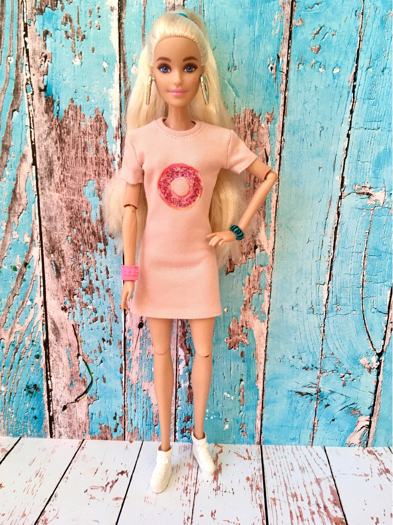 Blush Donut Print T-shirt Dress for Doll 1/6-scale, 11.5 Inch