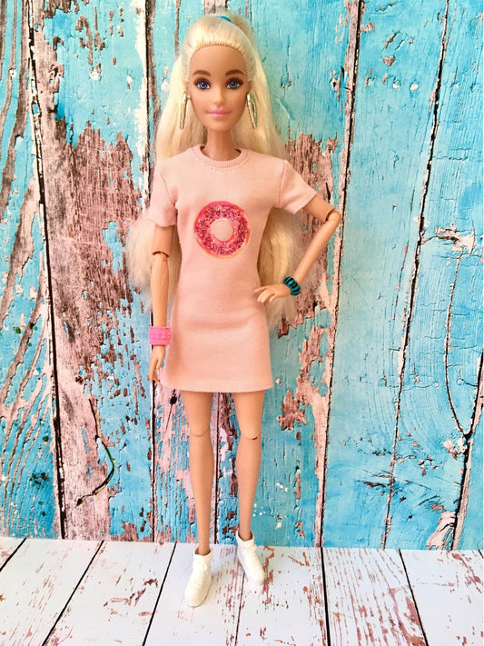 Blush Donut Print T-shirt Dress for Doll 1/6-scale, 11.5 Inch